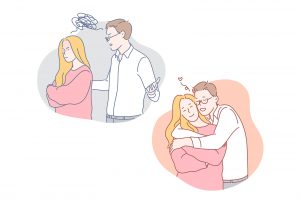 illustration of two couples. One who is having an argument and in conflict and the other is the same couple hugging each other looking happy. This represents the benefit of showing your autistic partner acceptance. Learn more from an autism therapist who offers online autism therapy in California