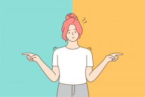 A cartoon of a woman pointing in either direction, symbolizing two sides. This could represent how neurodiverse adults' are assumed to be neurotypical. Contact an autism therapist in Chicago, IL to learn more about autism therapy. We offer therapy for neurodiverse adults and other services. 94303
