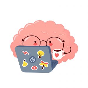 A cartoon of a brain with glasses holding a coffee mug while typing. This could represent using the resources available via online therapy in Illinois. Learn more about therapy for neurodiverse adults by contacting an autism therapist in Chicago, IL. 94303 